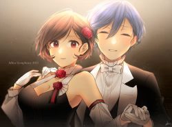 Rule 34 | ^ ^, after0217, blue hair, blurry, boutonniere, brown eyes, brown hair, closed eyes, copyright name, depth of field, detached sleeves, flower, formal, gloves, hair between eyes, hair flower, hair ornament, highres, holding hands, kaito (vocaloid), meiko (vocaloid), miku symphony (vocaloid), ribbon, rose, short hair, sleeveless, smile, suit, vocaloid