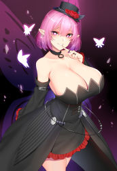 Rule 34 | 1girl, absurdres, alternate breast size, arms behind back, bare shoulders, belt, belt buckle, black background, black dress, blush, breasts, buckle, bug, butterfly, butterfly wings, chixiao, cleavage, collar, collarbone, cowboy shot, detached sleeves, dress, earrings, elf, finger to mouth, flower, frilled dress, frilled sleeves, frills, from above, glint, glowing butterfly, gradient background, grin, hair between eyes, hat, hat flower, heart, heart-shaped pupils, highres, hoop, huge breasts, insect, insect wings, jewelry, looking at viewer, lucid (maplestory), maplestory, medium hair, mini hat, mini top hat, pink butterfly, pink eyes, pink hair, pointy ears, red flower, red rose, ring, rose, showgirl skirt, sideboob, simple background, smile, solo, strapless, strapless dress, symbol-shaped pupils, thighs, top hat, tsurime, wide sleeves, wings