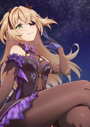 Rule 34 | 1girl, black pantyhose, black thighhighs, blonde hair, breasts, commentary, crossed legs, eyepatch, fischl (genshin impact), genshin impact, gloves, green eyes, hair ribbon, highres, long hair, motsutoko, multicolored clothes, multicolored gloves, night, night sky, outdoors, pantyhose, ribbon, single leg pantyhose, single thighhigh, sitting, sky, small breasts, solo, thighhighs, thighs