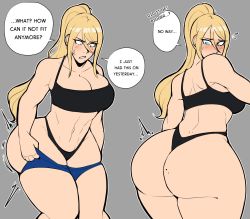 Rule 34 | 1girl, ass, ass expansion, back, black bra, black panties, blue eyes, blush, bluueygooey, bra, breasts, cleavage, curvy, english text, grey background, highres, huge ass, inconvenient ass, large breasts, long hair, metroid, navel, nintendo, panties, ponytail, samus aran, solo, speech bubble, stomach, thick thighs, thighs, underwear, wide hips