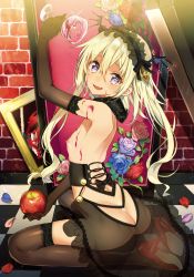 Rule 34 | + +, 1girl, alcohol, apple, arm up, ass, babydoll, back, black bow, black bowtie, black gloves, blonde hair, blue flower, blue rose, bow, bowtie, breasts, brown gloves, brown thighhighs, butt crack, cropped, cup, dengeki moeou, drinking glass, elbow gloves, fang, flower, food, fruit, full body, garter straps, glass, gloves, hair between eyes, hair ornament, hairband, harunoibuki, high heels, highres, holding, holding cup, holding drinking glass, holding food, holding fruit, indoors, kneeling, lingerie, lolita hairband, long hair, nipples, open mouth, original, petals, plant, pumps, purple eyes, purple flower, purple rose, red flower, red footwear, red rose, rose, scan, see-through, shoe soles, shoes, shoulder blades, sitting, small breasts, smile, solo, symbol-shaped pupils, thighhighs, thorns, tile floor, tiles, topless, underwear, vines, wariza, wine, wine glass