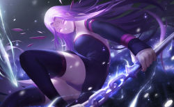 Rule 34 | 1girl, bare shoulders, black dress, black thighhighs, cangkong, chain, city, collar, dagger, dress, elbow gloves, facial mark, fate/stay night, fate (series), forehead mark, gloves, glowing, glowing eyes, gradient background, highres, knife, long hair, looking at viewer, medusa (fate), medusa (rider) (fate), nameless dagger (fate), night, night sky, panties, purple eyes, purple hair, purple panties, sky, solo, thighhighs, underwear, weapon