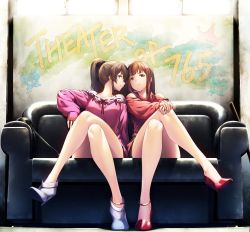 Rule 34 | 2girls, anklet, bare shoulders, blue eyes, brown eyes, brown hair, closed mouth, commentary, couch, earrings, full body, high heels, idolmaster, idolmaster million live!, jewelry, legs, long hair, looking at viewer, multiple girls, nanaran, off shoulder, pink shirt, place name, ponytail, red eyes, red footwear, red shirt, satake minako, shirt, sitting, sleeves past wrists, tanaka kotoha, thighs, white footwear