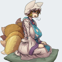 Rule 34 | 1girl, animal hat, blonde hair, blue background, blush, breasts, breath, brown eyes, chanta (ayatakaoisii), covered erect nipples, dress, fox tail, hands on lap, hat, heavy breathing, hip focus, huge breasts, long sleeves, mob cap, multiple tails, open mouth, pillow, mob cap, sagging breasts, seiza, short hair, simple background, sitting, socks, solo, tabard, tail, thighs, tongue, touhou, white dress, white socks, wide sleeves, yakumo ran