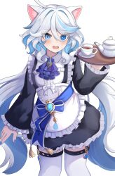 Rule 34 | 1girl, absurdres, ahoge, alternate costume, animal ears, apron, ascot, black dress, black garter straps, blue ascot, blue eyes, blue gemstone, blue hair, blue nails, blush, bow, brooch, cat ears, cat girl, commentary request, cowboy shot, cup, dress, drop-shaped pupils, enmaided, frilled apron, frilled dress, frills, furina (genshin impact), garter straps, gem, genshin impact, hand up, heterochromia, highres, holding, holding tray, jewelry, light blue hair, long hair, long sleeves, looking at viewer, maid, maid apron, multicolored hair, nail polish, nekopurin (nyanko prin), open mouth, plate, single tooth, solo, symbol-shaped pupils, tea, teacup, teapot, thigh strap, thighhighs, tray, two-tone hair, very long hair, vision (genshin impact), white apron, white bow, white hair, white thighhighs