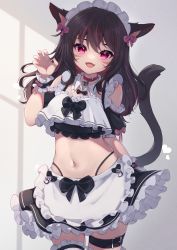 Rule 34 | 1girl, :d, absurdres, animal ears, apron, bare shoulders, bell, belt, black belt, black hair, black panties, black shirt, black skirt, blush, cat ears, cat girl, cat tail, choker, claw pose, collar, commentary request, commission, crop top, detached collar, facial mark, fang, frilled apron, frilled collar, frilled skirt, frills, hair between eyes, hand up, highleg, highleg panties, highres, hinata (user rjkt4745), jingle bell, leg belt, long hair, looking at viewer, maid headdress, multicolored hair, nail polish, navel, neck bell, open mouth, original, panties, pink nails, puffy short sleeves, puffy sleeves, red choker, red eyes, red hair, shirt, short sleeves, skeb commission, skirt, smile, solo, tail, two-tone hair, underwear, waist apron, whisker markings, white apron, white collar, wing collar, wrist cuffs