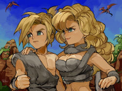 Rule 34 | 1boy, 1girl, ayla (chrono trigger), blonde hair, blue eyes, blue sky, breasts, caveman, chrono trigger, cleavage, clenched hand, closed mouth, couple, curly hair, day, dinosaur, fur cuffs, fur scarf, grey fur, hand on another&#039;s shoulder, high ponytail, highres, kino (chrono trigger), large breasts, lips, long hair, looking afar, medium hair, midriff, mountain, outdoors, parted bangs, pectorals, ponytail, pterosaur, short ponytail, sky, tree, upper body, uzutanco