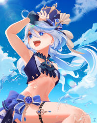 Rule 34 | 1girl, :d, absurdres, arm up, armpits, ascot, bare shoulders, blue eyes, blue hair, blue sky, blue vest, breasts, brooch, cloud, commentary request, day, furina (genshin impact), genshin impact, hat, highres, jewelry, long hair, medium breasts, navel, open mouth, punco (kdfg2577), sitting, sky, small breasts, smile, solo, stomach, thigh strap, thighs, top hat, underboob, vest