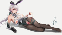 Rule 34 | 1girl, absurdres, animal ears, azur lane, backless leotard, black leotard, blouse, bow, bowtie, brown pantyhose, cup, detached collar, ear piercing, elbow gloves, fake animal ears, full body, gloves, grey background, heart, heart-shaped pupils, highleg, highleg leotard, highres, holding, holding cup, leotard, leotard under clothes, light purple hair, linjianga lin, looking at viewer, lying, mechanical hands, metal gloves, nipples, official alternate costume, on side, pantyhose, parted hair, piercing, playboy bunny, pouring, pouring onto self, pubic tattoo, purple eyes, rabbit ears, reno (azur lane), reno (reno bunnino) (azur lane), see-through, see-through shirt, shirt, short hair with long locks, side-tie leotard, signature, simple background, single elbow glove, single mechanical hand, skindentation, soles, solo, strapless, strapless leotard, symbol-shaped pupils, tattoo, thigh gap, thigh strap, tongue, torn clothes, torn leotard, torn shirt, white bow, white bowtie, white shirt, wrist cuffs