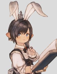 Rule 34 | 1girl, animal ears, black bow, black bowtie, black hair, blue eyes, book, bow, bowtie, center frills, closed mouth, earrings, fake animal ears, final fantasy, final fantasy xiv, frills, highres, holding, holding book, hoop earrings, jewelry, lalafell, maeka (kumaekake), open book, pointy ears, puffy short sleeves, puffy sleeves, rabbit ears, ring, short hair, short sleeves, solo, warrior of light (ff14), wrist cuffs