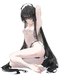 Rule 34 | 1girl, absurdres, ahoge, arknights, arm behind head, arm up, armpits, ass, bare hips, bare legs, barefoot, black hair, black halo, black panties, blunt bangs, breasts, broken halo, brown hair, cameltoe, closed mouth, collarbone, colored inner hair, commentary, dark halo, expressionless, eyelashes, feet, from side, full body, hair spread out, half-closed eye, halo, hatching (texture), highleg, highleg panties, highres, hime cut, knees, leaning to the side, legs, linear hatching, long hair, looking at viewer, looking to the side, mole, mole under eye, monmon (sleepymonmon), multicolored hair, navel, nipples, one eye closed, pale skin, panties, shade, sidelocks, simple background, sitting, small breasts, solo, stomach, straight hair, thighs, toes, topless, two-tone hair, underwear, underwear only, very long hair, virtuosa (arknights), white background, yokozuwari