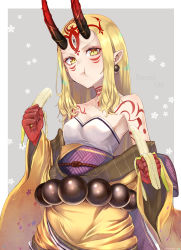 Rule 34 | 1girl, :t, bad id, bad pixiv id, banana, bare shoulders, blonde hair, closed mouth, collarbone, commentary request, earrings, eating, facial mark, fate/grand order, fate (series), food, forehead mark, fruit, highres, holding, holding food, ibaraki douji (fate), japanese clothes, jewelry, kimono, long hair, long sleeves, looking at viewer, obi, off shoulder, pointy ears, sash, solo, tattoo, twitter username, very long hair, wide sleeves, yellow eyes, yellow kimono, yukihama