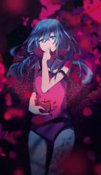 Rule 34 | 1girl, apple, aqua eyes, aqua hair, aqua nails, bare shoulders, blurry, camisole, depth of field, flower, flower necklace, food, fruit, hair down, hand on own stomach, hand to own mouth, hatsune miku, highres, holding, holding food, holding fruit, jewelry, looking at viewer, lying, magenta background, messy hair, musubime (nebbia0131), nail polish, necklace, on back, pale skin, petals, pink camisole, red apple, romeo to cinderella (vocaloid), rose, solo, strap slip, vocaloid