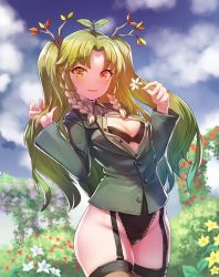 Rule 34 | 1girl, arpeggio kaga, black bra, black panties, bra, braid, branch, breasts, cleavage, collared shirt, commission, flower, green hair, green shirt, holding, holding flower, indie virtual youtuber, kuroba plant, long hair, medium breasts, monster girl, open clothes, open shirt, orange eyes, panties, parted bangs, plant girl, shirt, skeb commission, solo, thighhighs, two side up, underwear, virtual youtuber