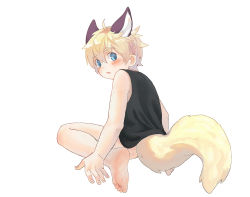 Rule 34 | 1boy, animal ears, barefoot, blonde hair, blue eyes, blush, bokustar fox, bottomless, feet, fox boy, fox ears, fox tail, from behind, full body, highres, looking at viewer, looking back, male focus, original, simple background, solo, tail, tank top, white background