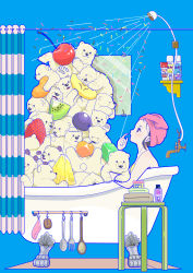 Rule 34 | 1girl, bath, bathtub, bear, blue background, cherry, claw foot bathtub, food, fork, from side, fruit, highres, kiwi (fruit), kiwi slice, mirror, orange (fruit), orange slice, original, pile, pineapple, pineapple slice, polar bear, profile, shelf, shower curtain, solo, spoon, strawberry, towel, towel on head, yoshimon