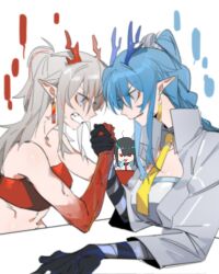 Rule 34 | 3girls, arknights, arm wrestling, bandeau, bare arms, black hair, black skin, blank speech bubble, blue eyes, blue hair, blurry, blurry foreground, chinese commentary, clenched teeth, colored skin, commentary request, corrupted twitter file, dragon horns, dusk (arknights), earrings, eye contact, food, grey hair, highres, horns, jacket, jewelry, ling (arknights), long hair, long sleeves, looking at another, molu stranger, multicolored hair, multiple girls, necktie, nian (arknights), pointy ears, ponytail, popsicle, purple eyes, red bandeau, red eyes, red hair, red skin, siblings, simple background, sisters, speech bubble, streaked hair, teeth, tongue, tongue out, white background, white jacket, yellow necktie