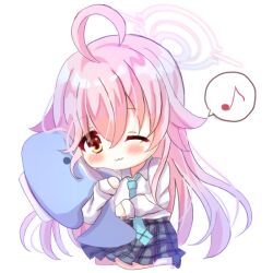 Rule 34 | 1girl, ;3, ahoge, blue archive, blue necktie, blush, chibi, closed mouth, collared shirt, eyebrows hidden by hair, full body, hair between eyes, halo, holding, hoshino (blue archive), hugging object, long hair, long sleeves, necktie, one eye closed, pillow, pillow hug, pink hair, plaid, plaid skirt, puffy long sleeves, puffy sleeves, sabata yoshi, seiza, shirt, sitting, skirt, sleeves past wrists, solo, stuffed toy, w, white background, white shirt, yellow eyes