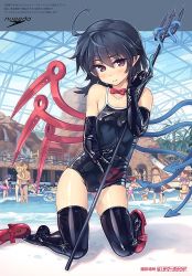 Rule 34 | 1girl, 4boys, 6+girls, asymmetrical wings, black hair, black one-piece swimsuit, blush, brand name imitation, cirno, clothes writing, covering another&#039;s eyes, elbow gloves, gloves, hair between eyes, high heels, houjuu nue, indoors, kneeling, latex, latex gloves, latex legwear, logo, looking at viewer, mary janes, multiple boys, multiple girls, one-piece swimsuit, orita enpitsu, palm tree, pointy ears, polearm, pool, red eyes, red footwear, scared, shiny clothes, shoes, unworn shoes, short hair, single shoe, skin tight, snake, solo focus, speedo (company), swimsuit, thighhighs, thighs, touhou, tree, trident, water, water slide, weapon, wet, wings