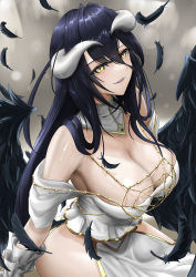 Rule 34 | 1girl, albedo (overlord), black feathers, black hair, breasts, cleavage, collar, demon girl, demon horns, demon wings, detached collar, dress, feathered wings, feathers, gloves, hair over shoulder, highres, hip vent, horns, large breasts, lipstick, long hair, looking at viewer, low wings, mait, makeup, off-shoulder dress, off shoulder, overlord (maruyama), parted lips, shiny skin, slit pupils, solo, thighs, very long hair, white dress, white gloves, wings, yellow eyes