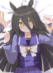 Rule 34 | 1girl, ahoge, animal ears, bed sheet, black hair, blush, bow, bowtie, closed mouth, earrings, hair between eyes, highres, horse ears, jewelry, long hair, long sleeves, looking at viewer, lying, manhattan cafe (umamusume), multicolored hair, musicccc, on back, out of frame, pov, pov hands, purple shirt, purple skirt, sailor collar, school uniform, shirt, single earring, skirt, solo focus, streaked hair, sweat, tracen school uniform, umamusume, white bow, white bowtie, yellow eyes