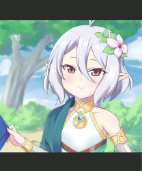Rule 34 | 1girl, ahoge, armlet, armpit peek, bare shoulders, blue hair, blue sky, blurry, blush, bracelet, cape, cloud, commentary request, day, depth of field, dress, fake screenshot, flower, guma (gumaguma228), hair between eyes, hair flower, hair ornament, half-closed eyes, halter dress, halterneck, highres, jewelry, kokkoro (princess connect!), letterboxed, looking at viewer, medallion, outdoors, pointy ears, princess connect!, purple eyes, short hair, sky, smile, solo, split mouth, tree, upper body, white dress