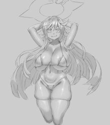 Rule 34 | 1girl, areola slip, arms up, bikini, bikini top only, breasts, broken halo, closed mouth, grey background, guilty gear, halo, highres, huge breasts, jack-o&#039; valentine, long hair, looking to the side, makinakid, monochrome, navel, simple background, skindentation, smile, solo, stomach, string bikini, swimsuit, thick thighs, thighhighs, thighs, traditional media