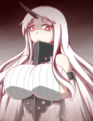 Rule 34 | 10s, 1girl, abyssal ship, bare shoulders, breasts, colored skin, commentary request, detached sleeves, dress, feiton, frown, gradient background, highres, horns, huge breasts, kantai collection, long hair, looking at viewer, red eyes, ribbed dress, ribbed sweater, seaport princess, sideboob, single horn, solo, sweater, sweater dress, white dress, white hair, white skin