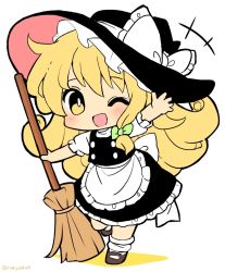Rule 34 | 1girl, apron, back bow, black skirt, black vest, blonde hair, blush, bow, braid, broom, brown footwear, buttons, chibi, frilled apron, frilled sleeves, frills, green bow, hair bow, hat, highres, kirisame marisa, long hair, mary janes, puffy short sleeves, puffy sleeves, ramudia (lamyun), shirt, shoes, short sleeves, simple background, single braid, skirt, skirt set, socks, solo, touhou, twitter username, vest, waist apron, white background, white bow, white shirt, white socks, witch hat, yellow eyes