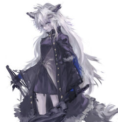 Rule 34 | 1girl, animal ear fluff, animal ears, arknights, axe, black coat, black dress, black gloves, coat, commentary request, cowboy shot, dress, gloves, grey eyes, grin, hair ornament, hairclip, holding, holding axe, lappland (arknights), long hair, long sleeves, looking at viewer, mogukk, open clothes, open coat, scar, scar across eye, simple background, smile, solo, tail, very long hair, white background, white hair, wolf ears, wolf girl, wolf tail