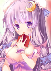 Rule 34 | 1girl, alternate color, book, bow, breasts, bun cover, cleavage, crescent, crescent hair ornament, double bun, female focus, hair bow, hair ornament, kashiwagi yun, large breasts, lingerie, long hair, negligee, nipple slip, nipples, niwaka yuan, patchouli knowledge, purple eyes, purple hair, solo, touhou, underwear, underwear only, upper body, very long hair, wrist cuffs