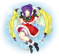 Rule 34 | 1girl, absurdres, alternate costume, ankle cuffs, arms up, bare arms, bare legs, blue background, blunt bangs, bow, bowtie, brown socks, capelet, christmas ornaments, coat, dragon girl, dragon wings, dress, fire emblem, fire emblem: the sacred stones, frills, full body, fur-trimmed capelet, fur-trimmed coat, fur-trimmed dress, fur trim, gloves, gradient background, green bow, green bowtie, green footwear, green gloves, green wings, hair tie, head tilt, high heels, highres, holding, holding clothes, holding hoodie, hood, hood down, jumping, knees together feet apart, legs together, legs up, long hair, looking at viewer, multi-tied hair, myrrh (fire emblem), nintendo, no sleeves, pale skin, purple hair, red capelet, red dress, red eyes, rope, santa costume, santa dress, shiny skin, short dress, smile, snow, snowflakes, snowing, socks, solo, star ornament, suzukichi (user pwmc7427), thigh strap, thighs, twintails, white background, wings, yellow wings