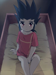 Rule 34 | 10s, 1boy, bed, bedroom, black hair, blush, bottomless, cardfight!! vanguard, covering privates, covering crotch, dark, embarrassed, huryusyou, indoors, katsuragi kamui, looking up, male focus, red eyes, red shirt, shirt, shirt tug, sitting, solo, spiked hair