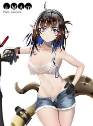 Rule 34 | 1girl, absurdres, amam (64943468), arknights, bare arms, bare shoulders, black gloves, black hair, blue eyes, blue hair, breasts, camisole, chinese commentary, cleavage, collarbone, colored inner hair, commentary request, cowboy shot, crop top, cutoffs, denim, denim shorts, eunectes (arknights), eunectes (forgemaster) (arknights), gloves, hand on own hip, highres, large breasts, looking at viewer, medium hair, midriff, multicolored hair, navel, official alternate costume, open fly, panties, pointy ears, short shorts, shorts, simple background, snake tail, solo, spaghetti strap, standing, stomach, tail, thighs, underwear, white background, white panties