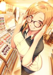 Rule 34 | 1girl, adjusting eyewear, artist name, bad id, bad pixiv id, blonde hair, blush, breasts, buttons, collared shirt, commentary request, dated, fisheye, glasses, grin, ichinose tomoe, indoors, large breasts, looking at viewer, mirror, mole, mole under mouth, orange eyes, original, parted lips, ryuji (ikeriu), shirt, shop, shopping, smile, solo, teeth