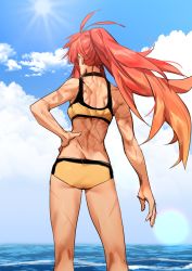 Rule 34 | 1girl, absurdres, antenna hair, arm at side, ass, bikini, breasts, cermia (epic seven), choker, cloud, cross scar, day, epic seven, feet out of frame, floating hair, from behind, hand on own hip, highres, huge 0330, long hair, multiple scars, ocean, outdoors, ponytail, red hair, scar, scar on arm, scar on back, scar on leg, sky, solo, standing, sun, sunlight, swimsuit, toned, very long hair, white bikini