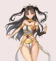 Rule 34 | 1girl, armlet, asymmetrical sleeves, athenawyrm, bare arms, bare legs, bare shoulders, beckoning, black detached sleeves, black hair, black ribbon, blush, breasts, cleavage, cowboy shot, crown, detached sleeves, earrings, fate/grand order, fate (series), female focus, floating hair, gem, gradient background, grey background, grin, groin, hair ribbon, hoop earrings, ishtar (fate), jewelry, legs, legs together, loincloth, long hair, looking at viewer, medium breasts, neck ring, no panties, outstretched arm, pelvic curtain, red eyes, revealing clothes, ribbon, ring, seductive smile, single sleeve, smile, solo, standing, strapless, teeth, tohsaka rin, two side up, type-moon, uneven sleeves, waist cape, wide hips