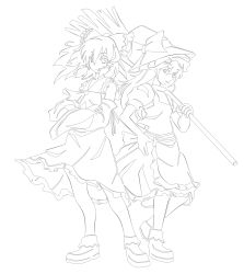 Rule 34 | 2girls, ao usagi, bow, broom, crossed arms, female focus, greyscale, hair bow, hakurei reimu, hands on own hips, hat, highres, kirisame marisa, lineart, lineograph, monochrome, multiple girls, short hair, touhou, witch hat