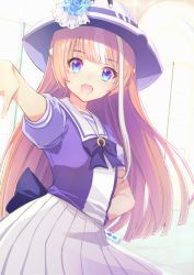 1girl, :d, akikawa yayoi, bangs, blonde hair, blue bow, blue eyes, blue flower, blue neckwear, blue rose, blue shirt, blunt bangs, bow, bowtie, breasts, cowboy shot, dutch angle, eyebrows visible through hair, fang, flower, hat, indoors, long hair, looking at viewer, open mouth, pleated skirt, reaching out, rose, sailor collar, shirt, skirt, small breasts, smile, solo, stacy romeroa, standing, umamusume, very long hair, white headwear, white skirt, window