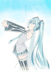 Rule 34 | 1girl, agonasubi, aqua eyes, aqua hair, aqua necktie, bare shoulders, belt, black skirt, black sleeves, black thighhighs, commentary request, cowboy shot, detached sleeves, from side, grey shirt, hair ornament, hatsune miku, headphones, headset, highres, long hair, looking up, miniskirt, necktie, outstretched arms, own hands together, pleated skirt, shirt, shoulder tattoo, skirt, sleeveless, sleeveless shirt, solo, standing, stretching, tattoo, thighhighs, translated, twintails, very long hair, vocaloid, zettai ryouiki
