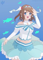 Rule 34 | 1girl, aqua background, aqua bow, aqua eyes, aqua ribbon, aqua skirt, artist name, artist request, bare shoulders, blue bow, blue eyes, blush, bow, bowtie, bracelet, breasts, brown hair, capelet, cleavage, cleavage cutout, clothing cutout, collarbone, detached sleeves, dress, drop earrings, earrings, elbow sleeves, female focus, fish, frilled capelet, frilled dress, frilled skirt, frills, grey hair, hair between eyes, hair bow, hair ornament, heart, heart (symbol), heart print, highres, jewelry, koi ni naritai aquarium, light brown hair, long sleeves, looking at viewer, love live!, love live! sunshine!!, medium breasts, miniskirt, navel, parted lips, pearl bracelet, ribbon, salute, short hair, shoulder cutout, sidelocks, skirt, smile, solo, striped bow, striped bowtie, striped clothes, tiara, underwater, watanabe you, white bow, white dress, white ribbon