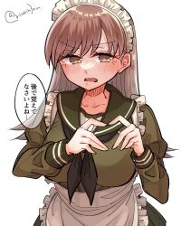 Rule 34 | 1girl, alternate costume, apron, black neckerchief, brown eyes, brown hair, commentary request, enmaided, frilled apron, frills, green sailor collar, green serafuku, green shirt, green skirt, heart, heart hands, highres, kantai collection, long hair, long sleeves, maid, maid headdress, matsunaga (haku), neckerchief, ooi (kancolle), ooi kai (kancolle), sailor collar, school uniform, serafuku, shirt, skirt, solo, translation request, white apron