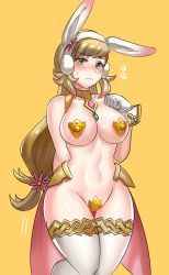 Rule 34 | 1girl, animal ears, between breasts, blonde hair, blush, breasts, cape, choker, commission, covered erect nipples, fake animal ears, fire emblem, fire emblem heroes, flower, gloves, gradient hair, green eyes, groin, hair flower, hair ornament, highres, large breasts, long hair, maebari, meme attire, multicolored hair, navel, nintendo, partially visible vulva, pasties, pink hair, ponytail, rabbit ears, revealing clothes, reverse bunnysuit, reverse outfit, sharena (fire emblem), simple background, solo, sweat, sweatdrop, thighhighs, white gloves, white thighhighs, wrist cuffs, yellow background, ytrall