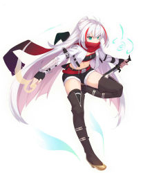 Rule 34 | 1girl, black footwear, black gloves, black shorts, black thighhighs, boots, braid, breasts, commentary request, commission, covered mouth, elf, fingerless gloves, fringe trim, full body, gloves, green eyes, holding, holding sword, holding weapon, jacket, long hair, multicolored hair, navel, open clothes, open jacket, original, pixiv commission, pointy ears, ponytail, red hair, red scarf, scarf, short shorts, shorts, small breasts, solo, standing, standing on one leg, streaked hair, sword, thigh boots, thighhighs, very long hair, weapon, white background, white hair, white jacket, yukichin