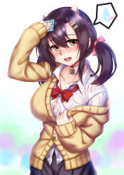 Rule 34 | 1girl, azur lane, black hair, black skirt, blush, bow, breasts, brown eyes, button gap, cardigan, collarbone, collared shirt, dress shirt, hair between eyes, hair ornament, hair ribbon, hairclip, handkerchief, horns, ken ill, large breasts, long hair, long sleeves, looking at viewer, nagara (azur lane), nose blush, open cardigan, open clothes, open mouth, pink ribbon, pleated skirt, red bow, red neckwear, ribbon, school uniform, shirt, skirt, sleeves past wrists, solo, sweater, twintails, wet, wet clothes, white shirt, wiping, yellow sweater