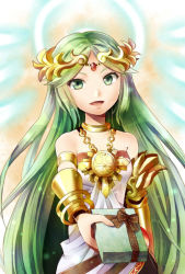 Rule 34 | 1girl, azumi (tks-sd), box, gift, glowing, green eyes, green hair, jewelry, kid icarus, long hair, looking at viewer, lots of jewelry, matching hair/eyes, necklace, nintendo, no humans, palutena, smile, solo, tunic