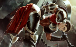 Rule 34 | 1girl, armor, ass, axe, bent over, bottomless, breasts, breasts out, brown hair, commentary, darius (league of legends), elbow gloves, english commentary, feet out of frame, gauntlets, genderswap, genderswap (mtf), gloves, hanging breasts, highres, holding, holding weapon, large breasts, league of legends, light smile, lips, looking at viewer, mole, mole above mouth, nipples, nose, pauldrons, red eyes, red thighhighs, sash, short hair, shoulder armor, solo, themaestronoob, thick thighs, thigh armor, thighhighs, thighs, underbust, very short hair, weapon