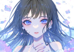 Rule 34 | 1girl, bare shoulders, black hair, blush, close-up, collarbone, earrings, flower, flower earrings, hydrangea, jewelry, long bangs, long hair, looking at viewer, nail polish, off-shoulder shirt, off shoulder, original, parted lips, portrait, purple eyes, purple flower, purple nails, red lips, ring, saijou yurika, shirt, sidelocks, solo, straight-on, water drop, white shirt