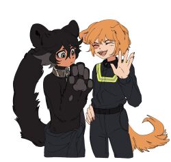 Rule 34 | 2boys, animal ears, animal hands, black collar, black fur, black hair, black jacket, black pants, body fur, brown eyes, brown hair, cat boy, cat ears, cat tail, closed eyes, closed mouth, collar, commentary, cowboy shot, deviidog0, dog boy, dog ears, dog tail, english commentary, facing another, fingernails, hair between eyes, hand on own hip, hand up, highres, jacket, long sleeves, male focus, metal collar, monster boy, multiple boys, open mouth, original, pants, sharp fingernails, short eyebrows, short hair, simple background, standing, tail, topless male, white background