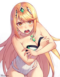 Rule 34 | 1girl, bare shoulders, blonde hair, blush, grabbing another&#039;s breast, breast hold, breasts, covering privates, covering breasts, earrings, grabbing, headpiece, highres, jewelry, large breasts, long hair, looking at viewer, mythra (radiant beach) (xenoblade), mythra (xenoblade), one-piece swimsuit, phrecklesart, solo, swept bangs, swimsuit, tiara, tsundere, very long hair, xenoblade chronicles (series), xenoblade chronicles 2, yellow eyes
